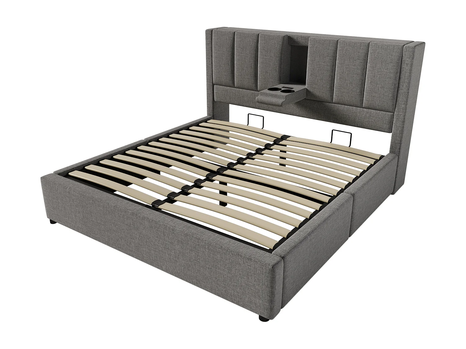Lit double coffre 180x200 cm avec porte-gobelet et 3 USB ,1 Type-C - Lit adulte en lin gris