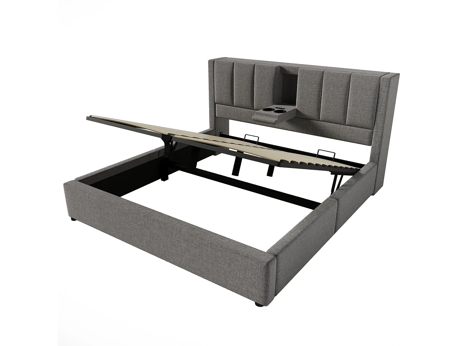 Lit double coffre 180x200 cm avec porte-gobelet et 3 USB ,1 Type-C - Lit adulte en lin gris