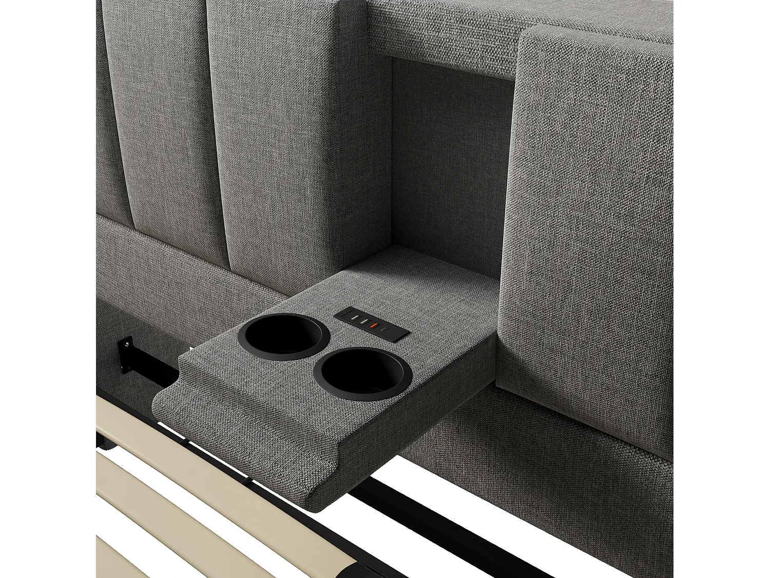 Lit double coffre 180x200 cm avec porte-gobelet et 3 USB ,1 Type-C - Lit adulte en lin gris
