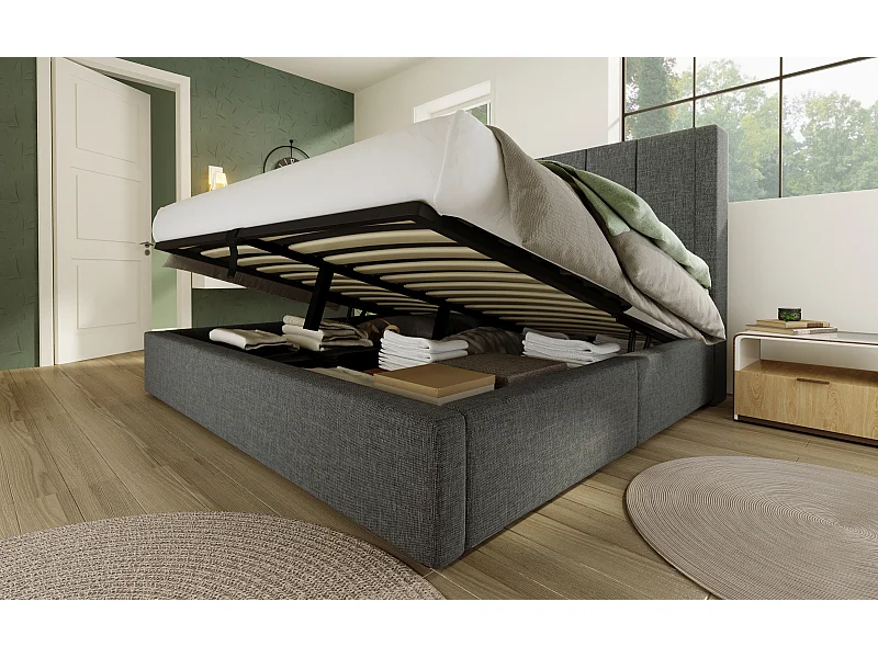 Lit double coffre 180x200 cm avec porte-gobelet et 3 USB ,1 Type-C - Lit adulte en lin gris