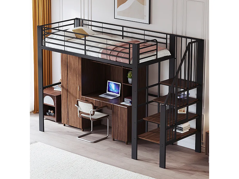 Lit mezzanine enfant 90 x 200 cm avec escalier de rangement - Structure métal - Noir