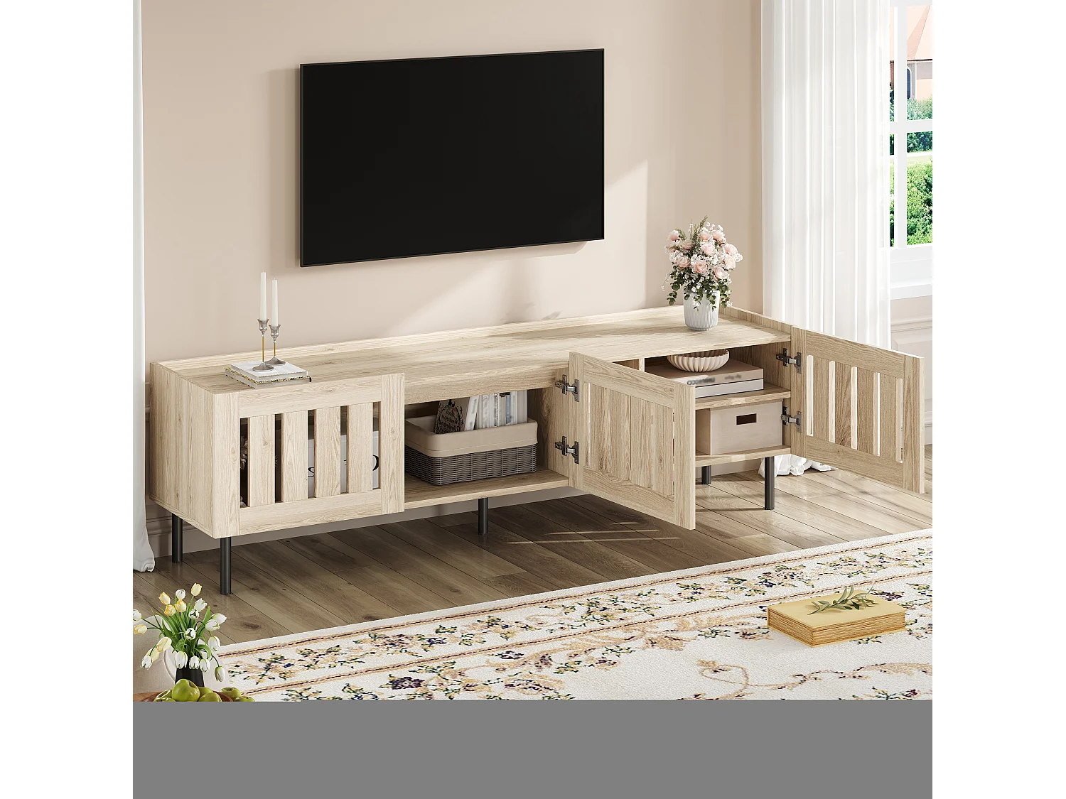 TV-meubel met 3 deuren, 160 x 40 x 47 cm - Opengewerkt design - Natuurlijke houtkleur
