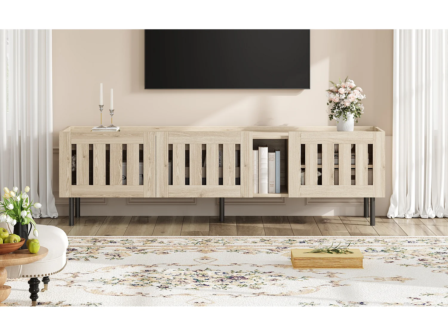 Meuble TV avec 3 portes 160 x 40 x 47 cm - Design ajouré - Couleur bois naturel