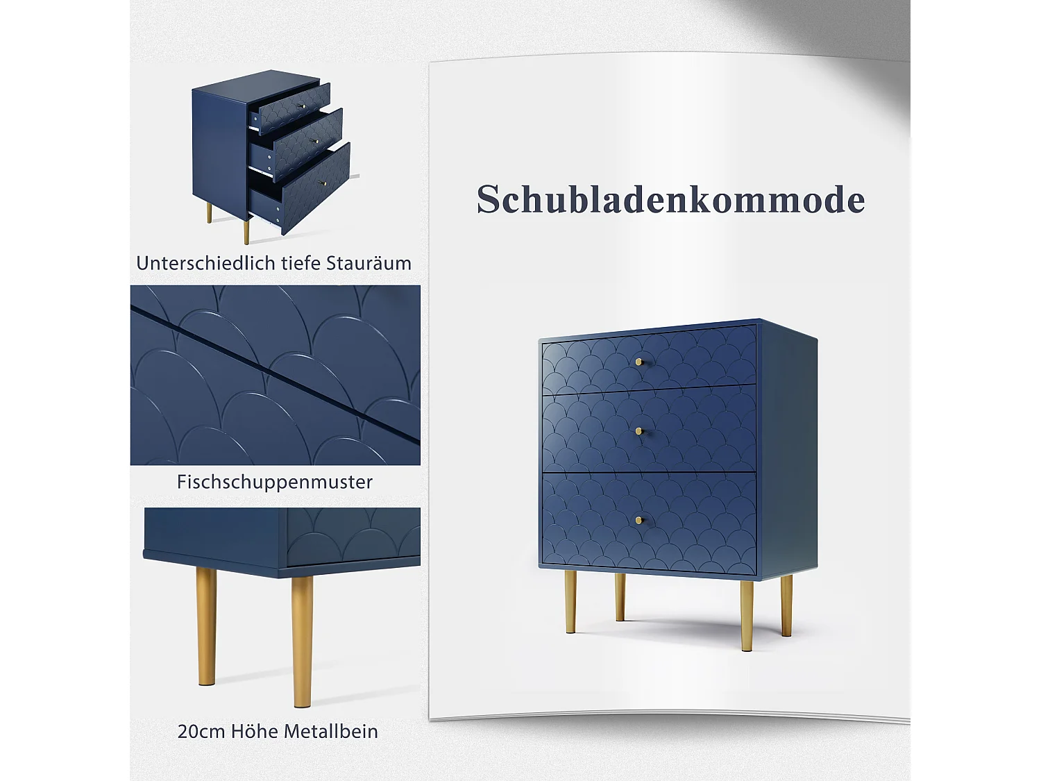 Commode avec 3 tiroirs - Pieds en métal - Bleu marine 75x40x89 cm