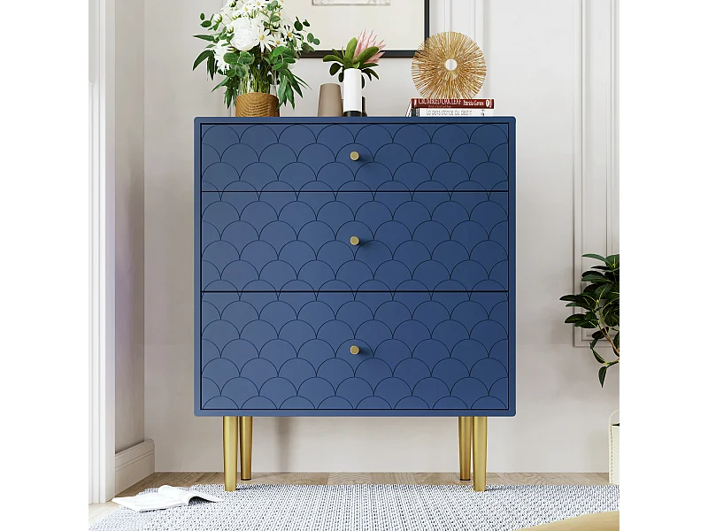 Commode avec 3 tiroirs - Pieds en métal - Bleu marine 75x40x89 cm