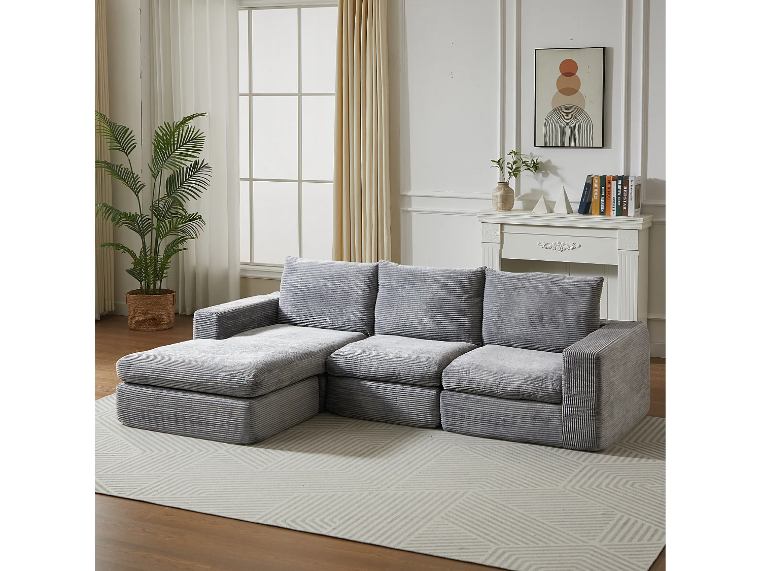 Canapé d'angle 3 places avec méridienne et 3 coussins - Velours côtelé gris foncé