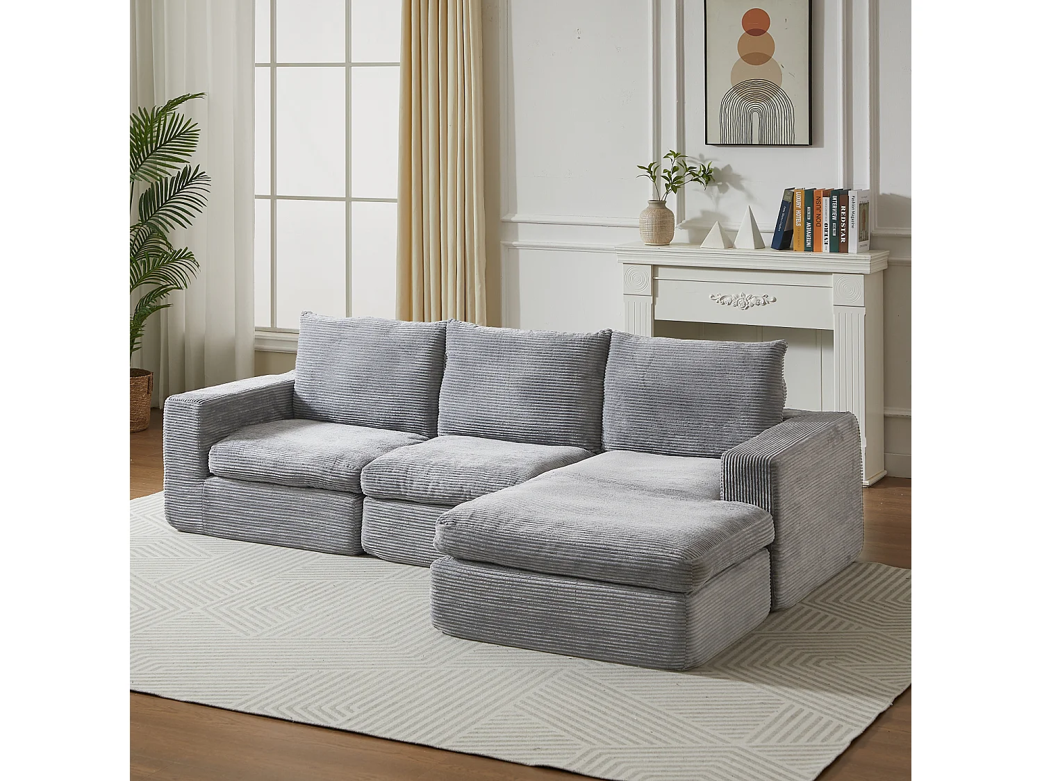 Canapé d'angle 3 places avec méridienne et 3 coussins - Velours côtelé gris foncé