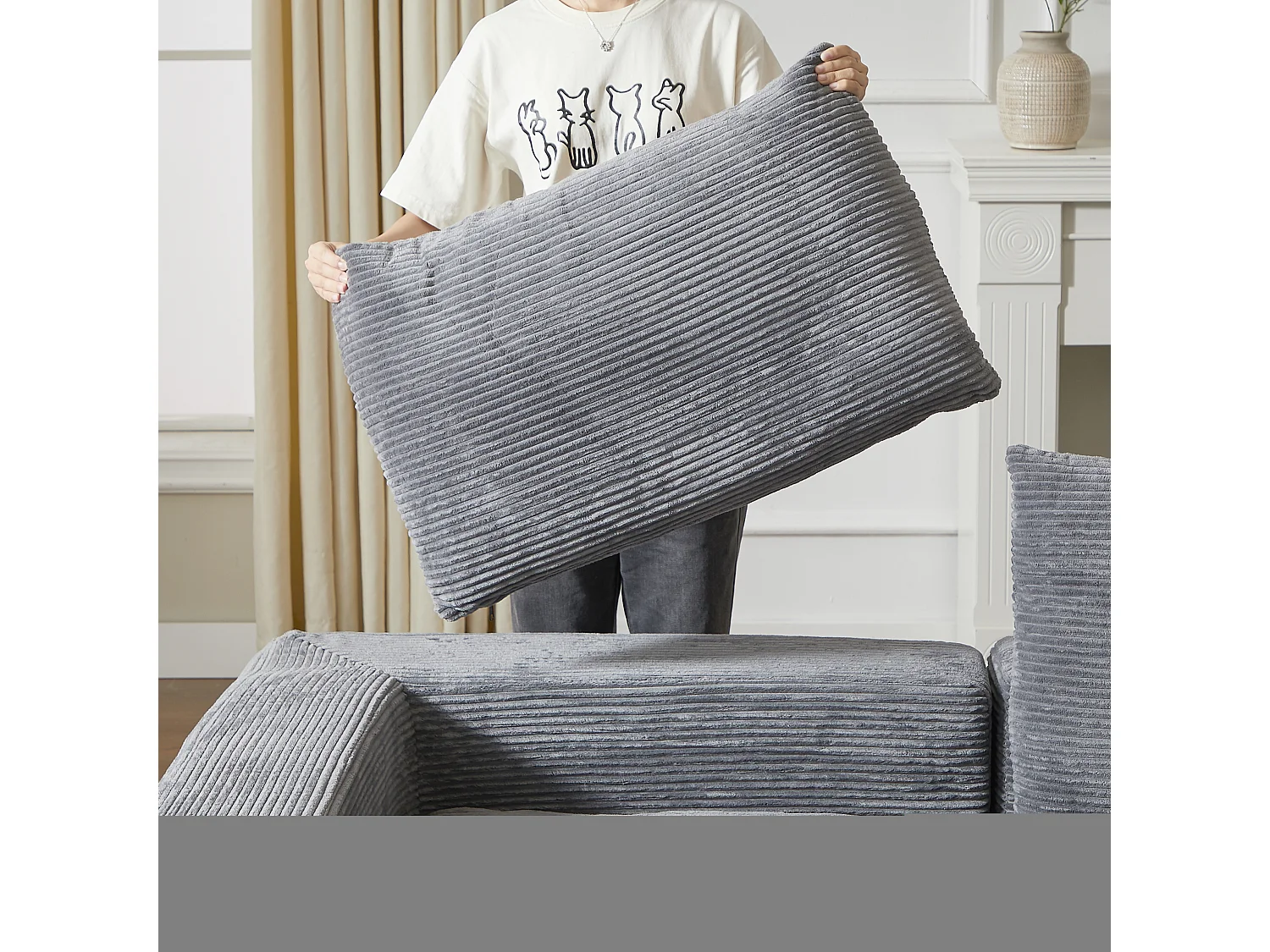 Canapé d'angle 3 places avec méridienne et 3 coussins - Velours côtelé gris foncé