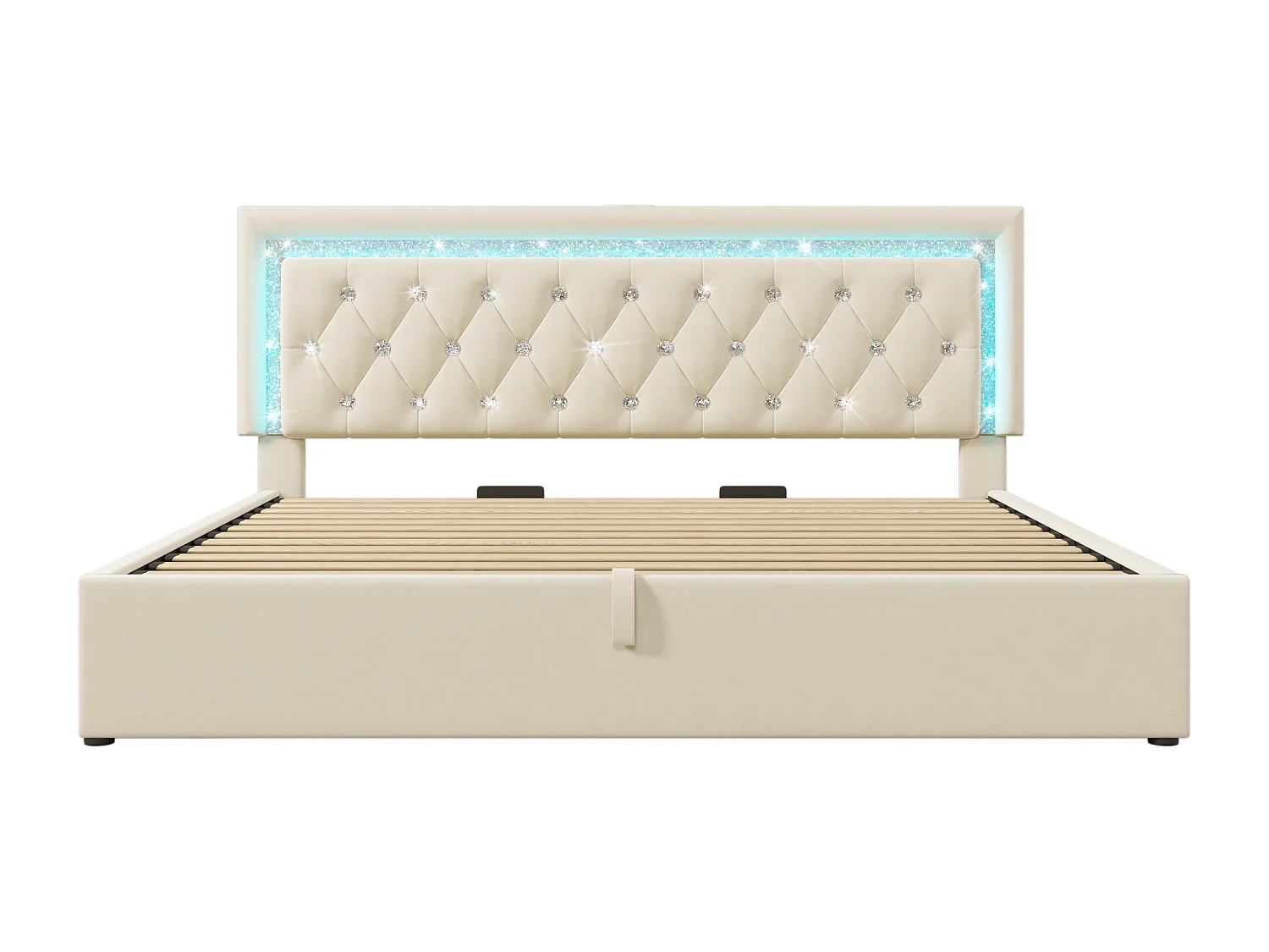 Tweepersoonsbed van 180x200 cm met opbergruimte in beige fluweel - Volwassenenbed met led-, USB- en Type-C-aansluiting