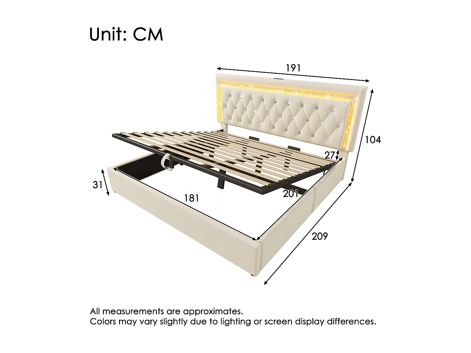 Tweepersoonsbed van 180x200 cm met opbergruimte in beige fluweel - Volwassenenbed met led-, USB- en Type-C-aansluiting