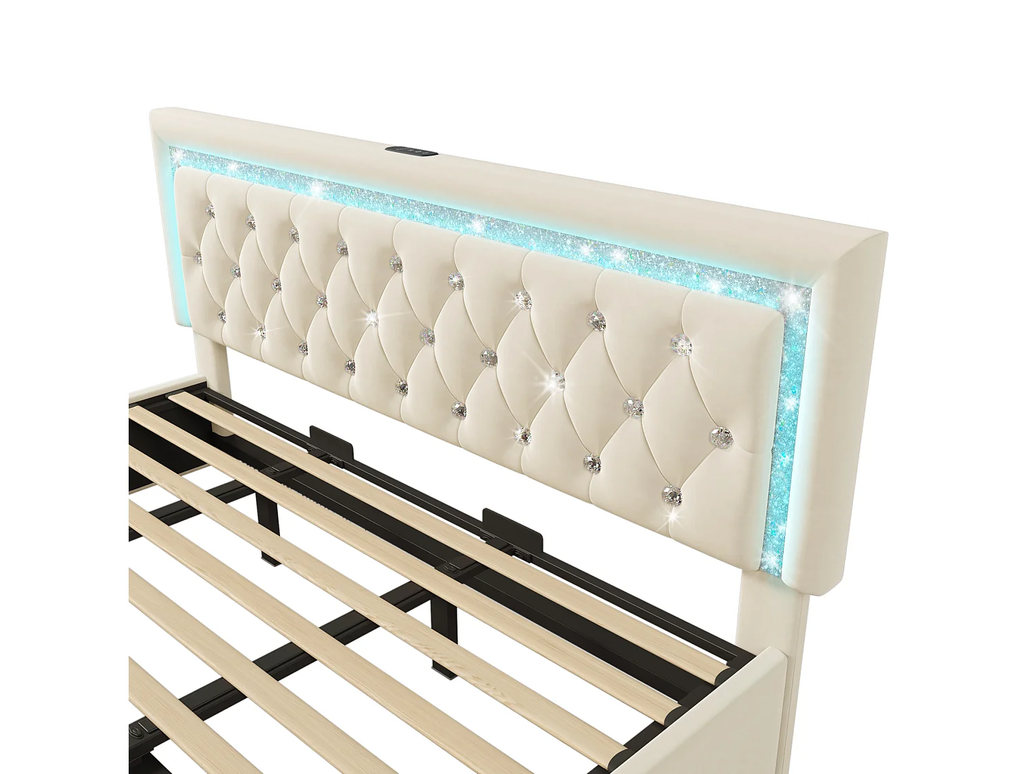 Tweepersoonsbed van 180x200 cm met opbergruimte in beige fluweel - Volwassenenbed met led-, USB- en Type-C-aansluiting