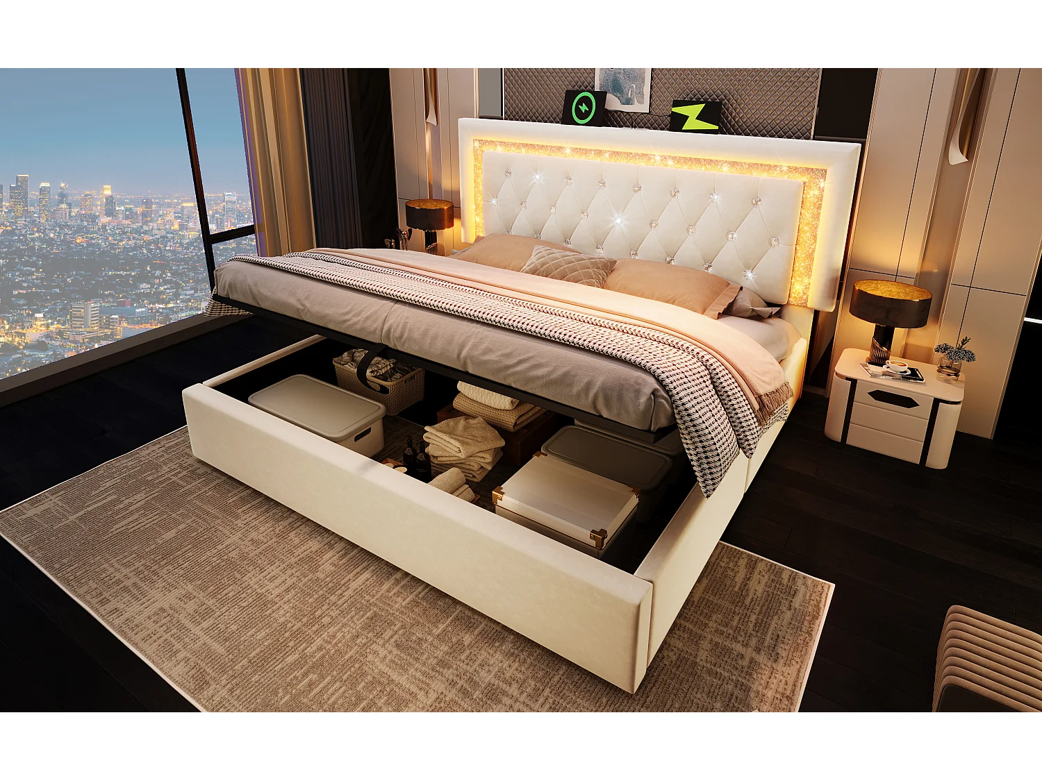 Lit double coffre 180x200cm en velours beige - Lit adulte avec LED, USB et Type-C