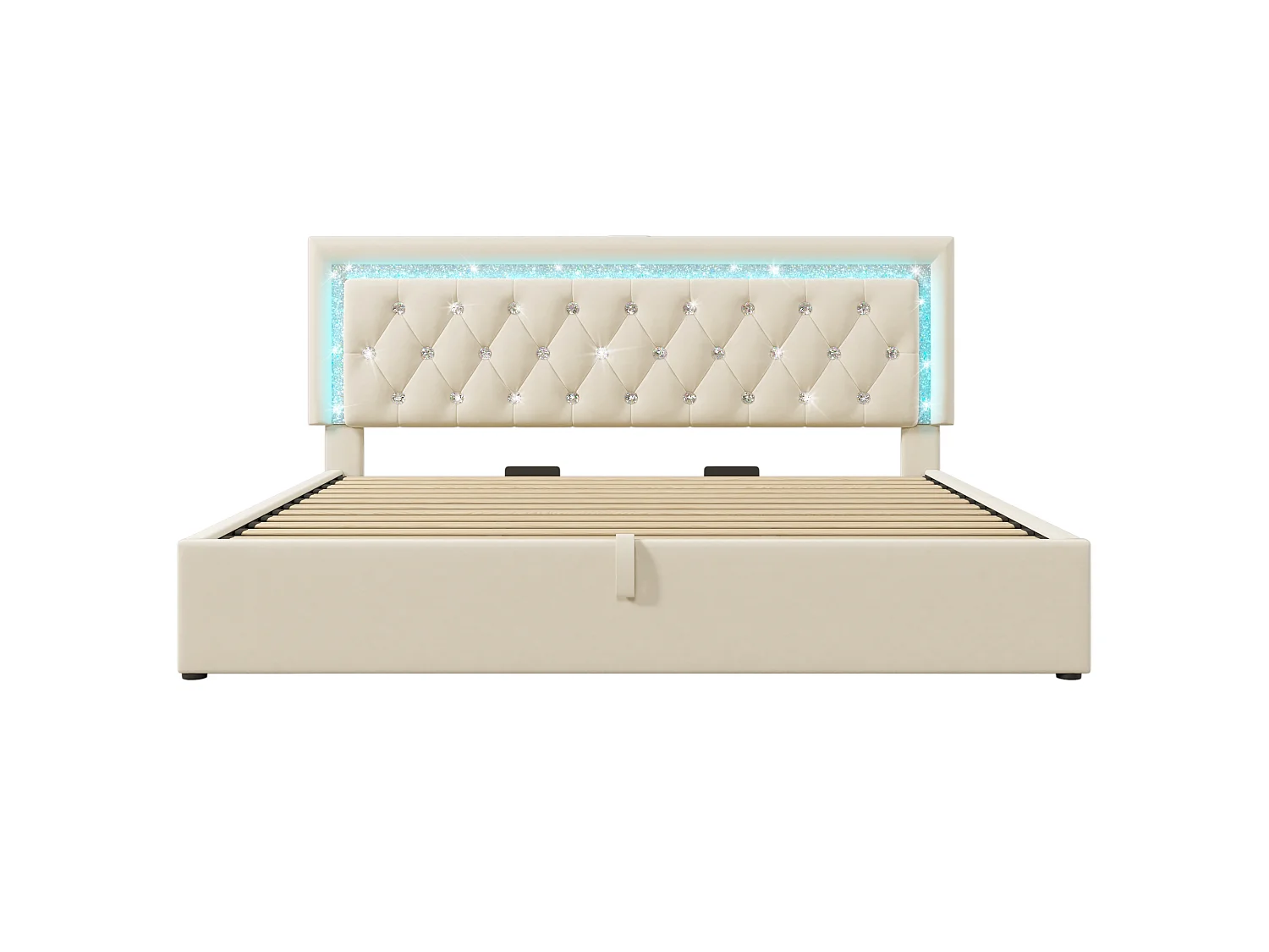 Lit double coffre 180x200cm en velours beige - Lit adulte avec LED, USB et Type-C