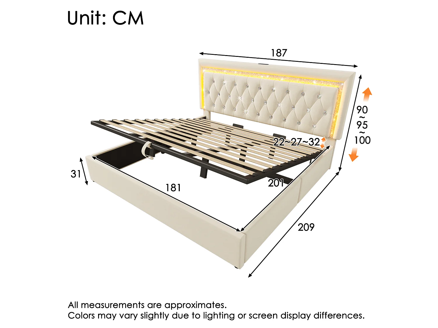 Lit double coffre 180x200cm en velours beige - Lit adulte avec LED, USB et Type-C
