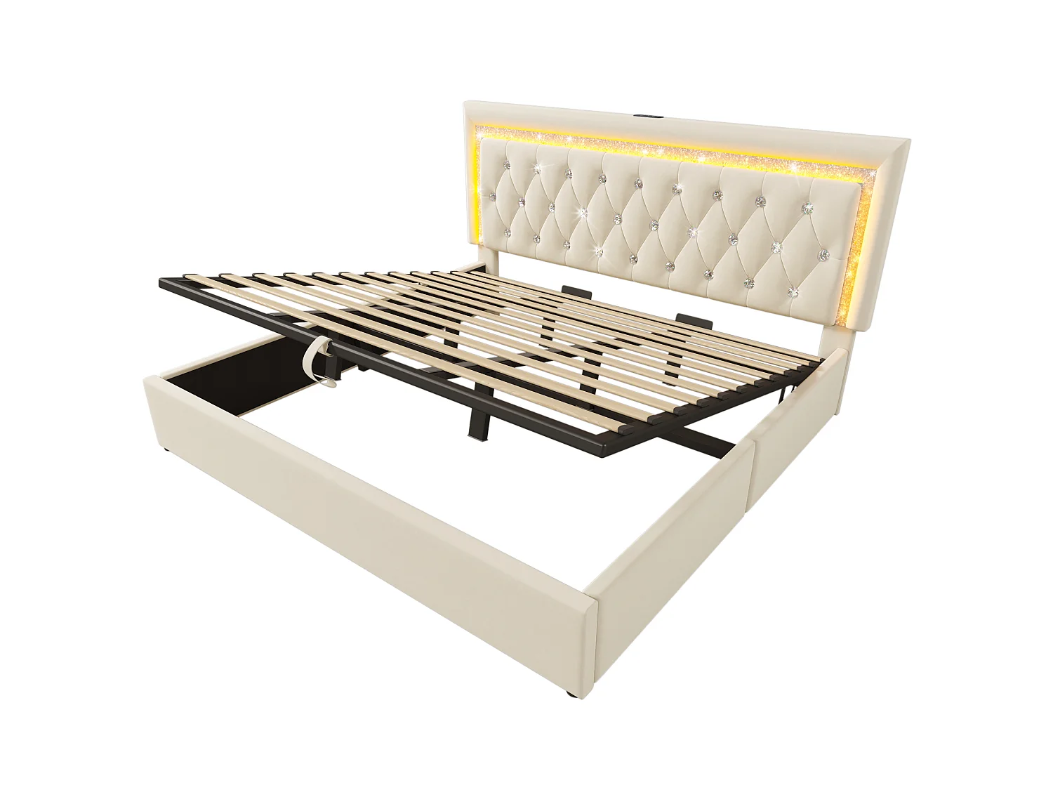 Lit double coffre 180x200cm en velours beige - Lit adulte avec LED, USB et Type-C