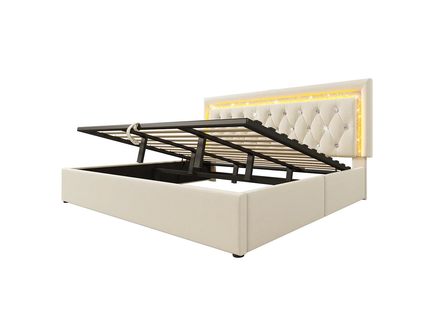 Lit double coffre 180x200cm en velours beige - Lit adulte avec LED, USB et Type-C