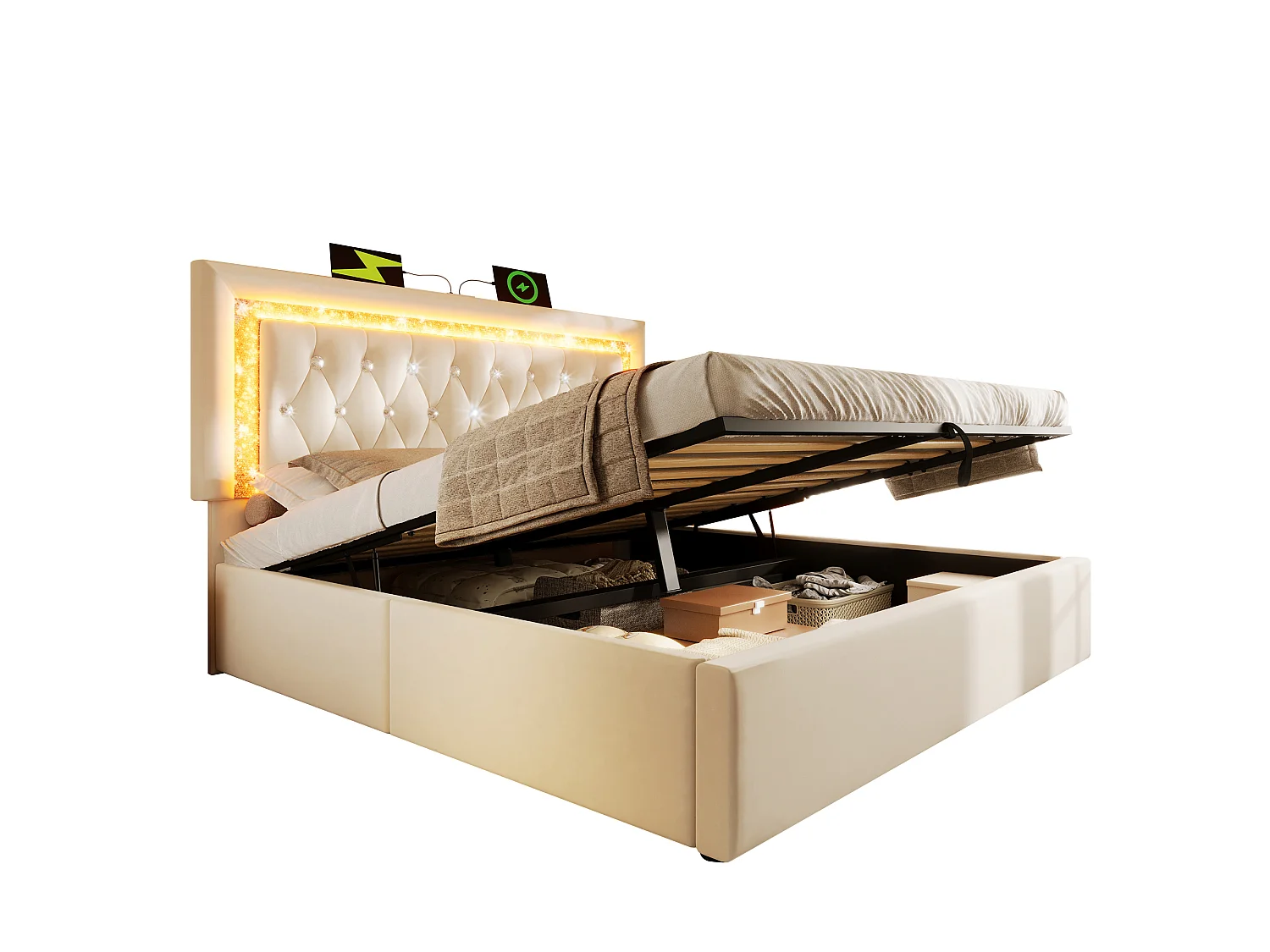 Lit double coffre 180x200cm en velours beige - Lit adulte avec LED, USB et Type-C