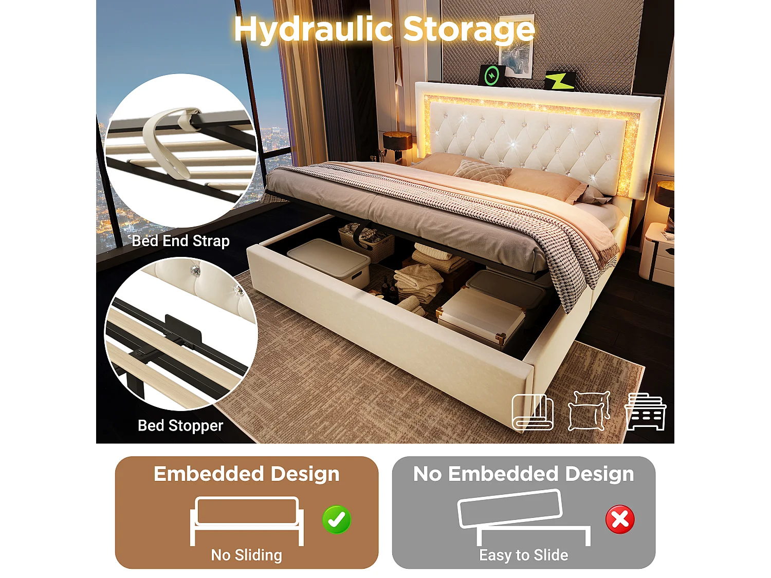 Lit double coffre 180x200cm en velours beige - Lit adulte avec LED, USB et Type-C