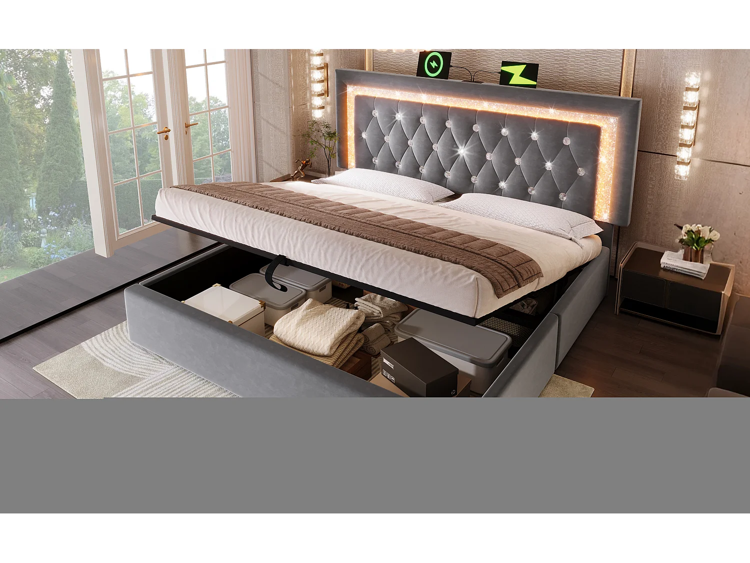 Opbergbed van 160x200 cm in grijs fluweel - Volwassenenbed met ledverlichting, USB- en Type-C-aansluiting (matras niet inbegrepen)