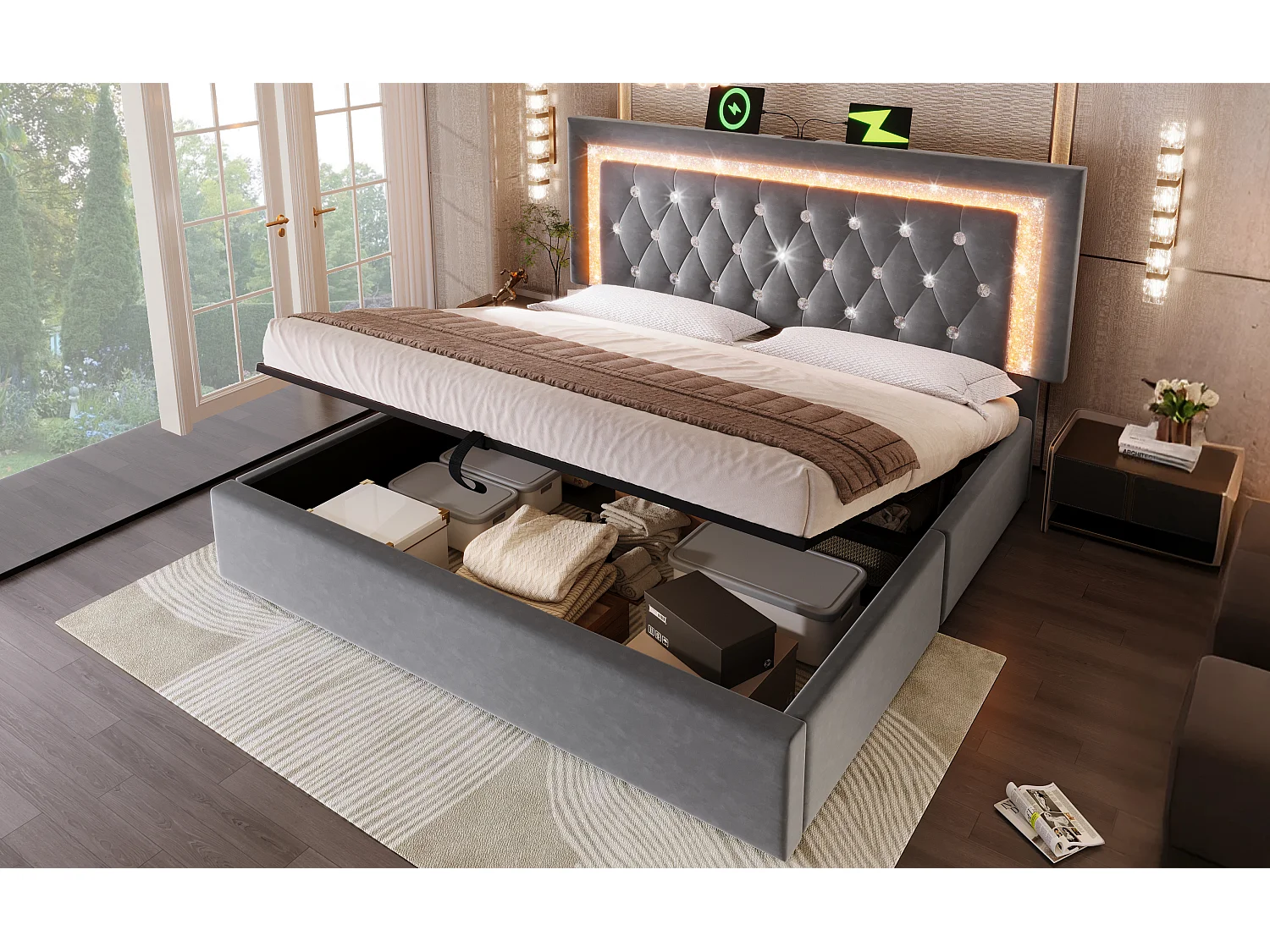 Lit coffre 160x200 cm en velours gris - Lit adulte avec LED, USB et Type-C (sans matelas)