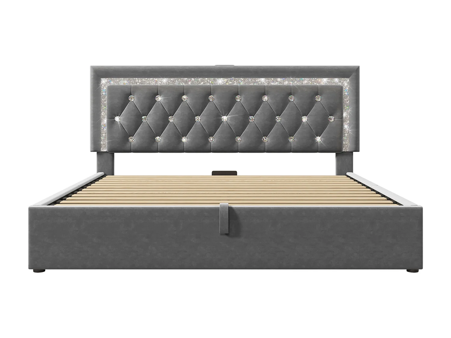 Lit coffre 160x200 cm en velours gris - Lit adulte avec LED, USB et Type-C (sans matelas)