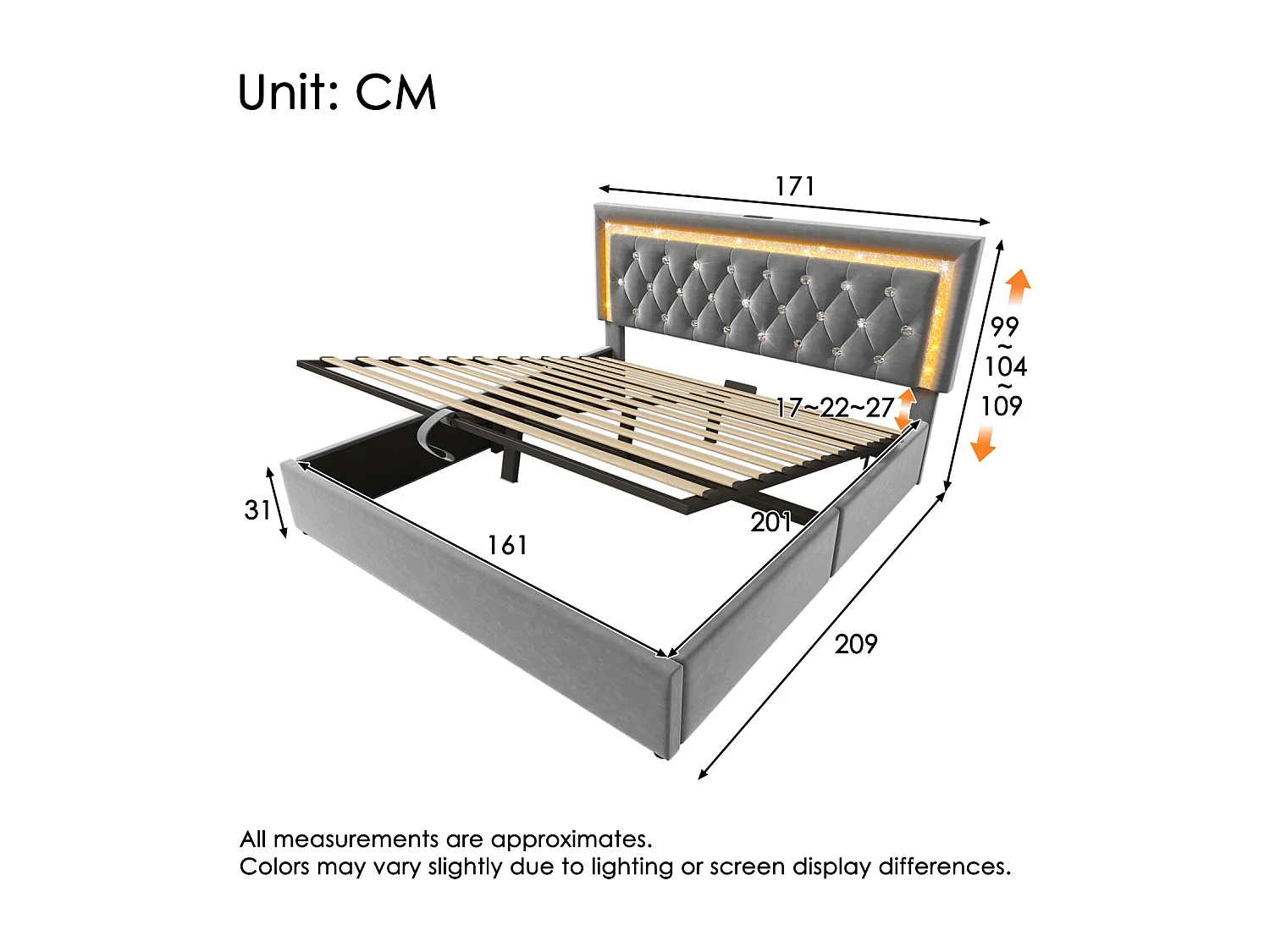Lit coffre 160x200 cm en velours gris - Lit adulte avec LED, USB et Type-C (sans matelas)