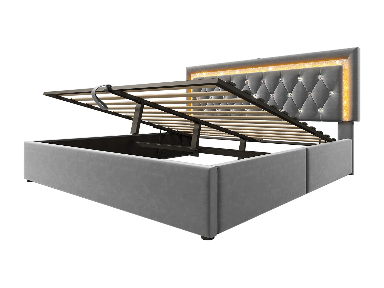 Lit coffre 160x200 cm en velours gris - Lit adulte avec LED, USB et Type-C (sans matelas)