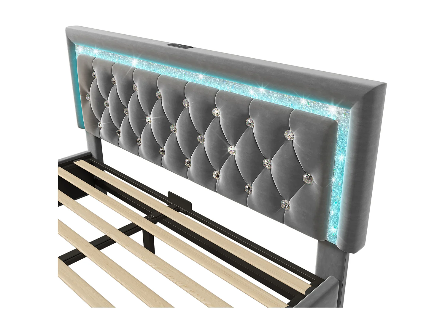 Lit coffre 160x200 cm en velours gris - Lit adulte avec LED, USB et Type-C (sans matelas)