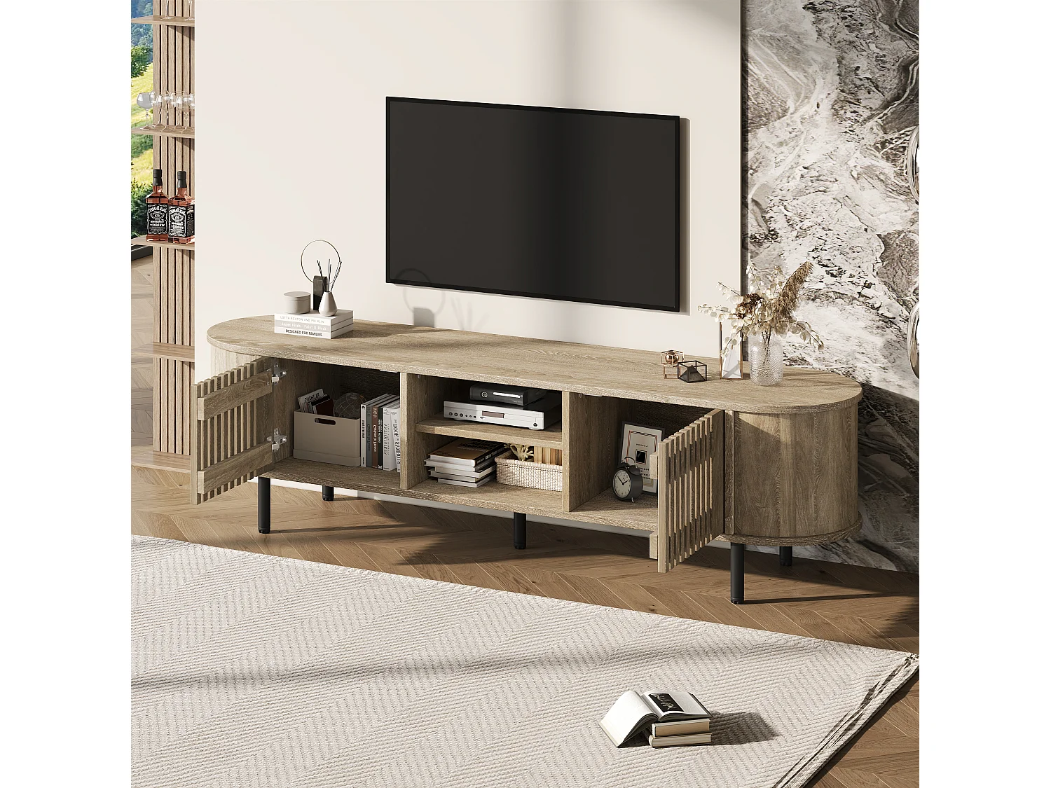 Meuble TV 160 x 40 x 47 cm avec 2 portes - Couleur bois naturel