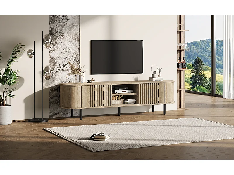 Meuble TV 160 x 40 x 47 cm avec 2 portes - Couleur bois naturel