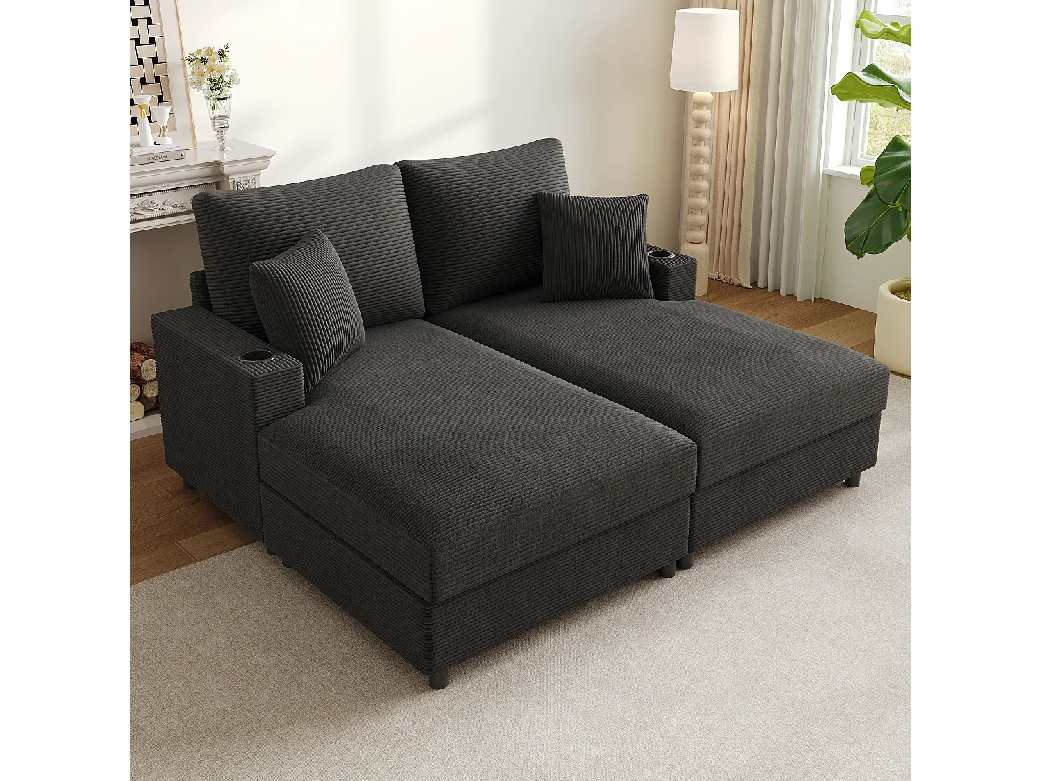 Canapé 2 places avec couchage - Téléphone portable et port USB - Velours côtelé gris