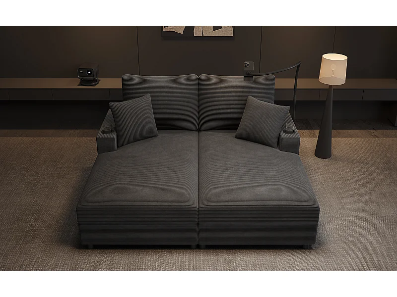 Canapé 2 places avec couchage - Téléphone portable et port USB - Velours côtelé gris