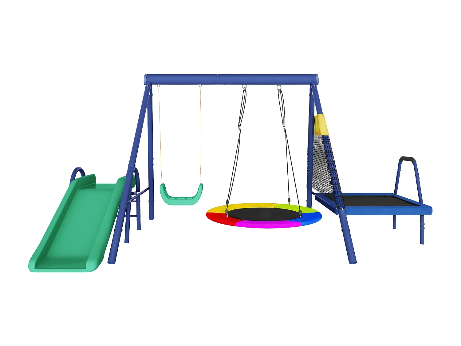 Ensemble de balançoires d'extérieur - Toboggan + trampoline + 2 balançoires - Métal bleu