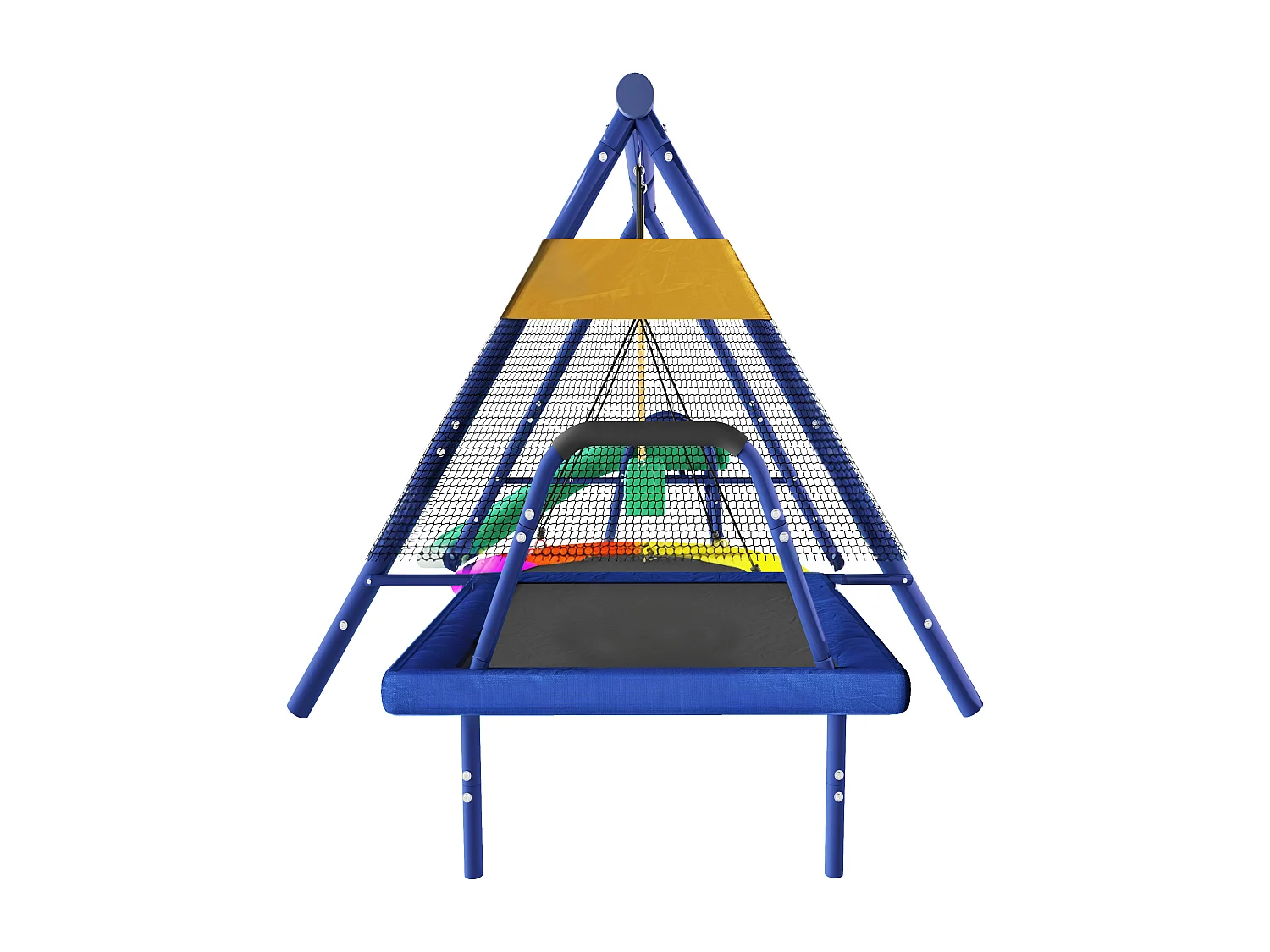 Ensemble de balançoires d'extérieur - Toboggan + trampoline + 2 balançoires - Métal bleu