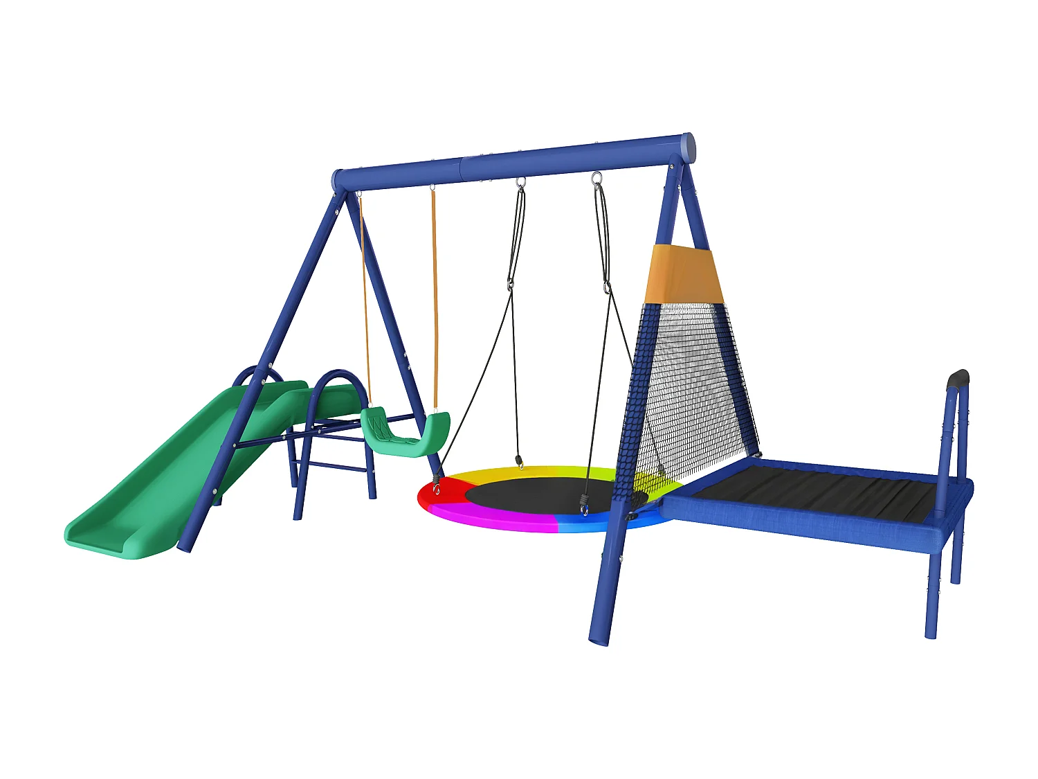 Ensemble de balançoires d'extérieur - Toboggan + trampoline + 2 balançoires - Métal bleu
