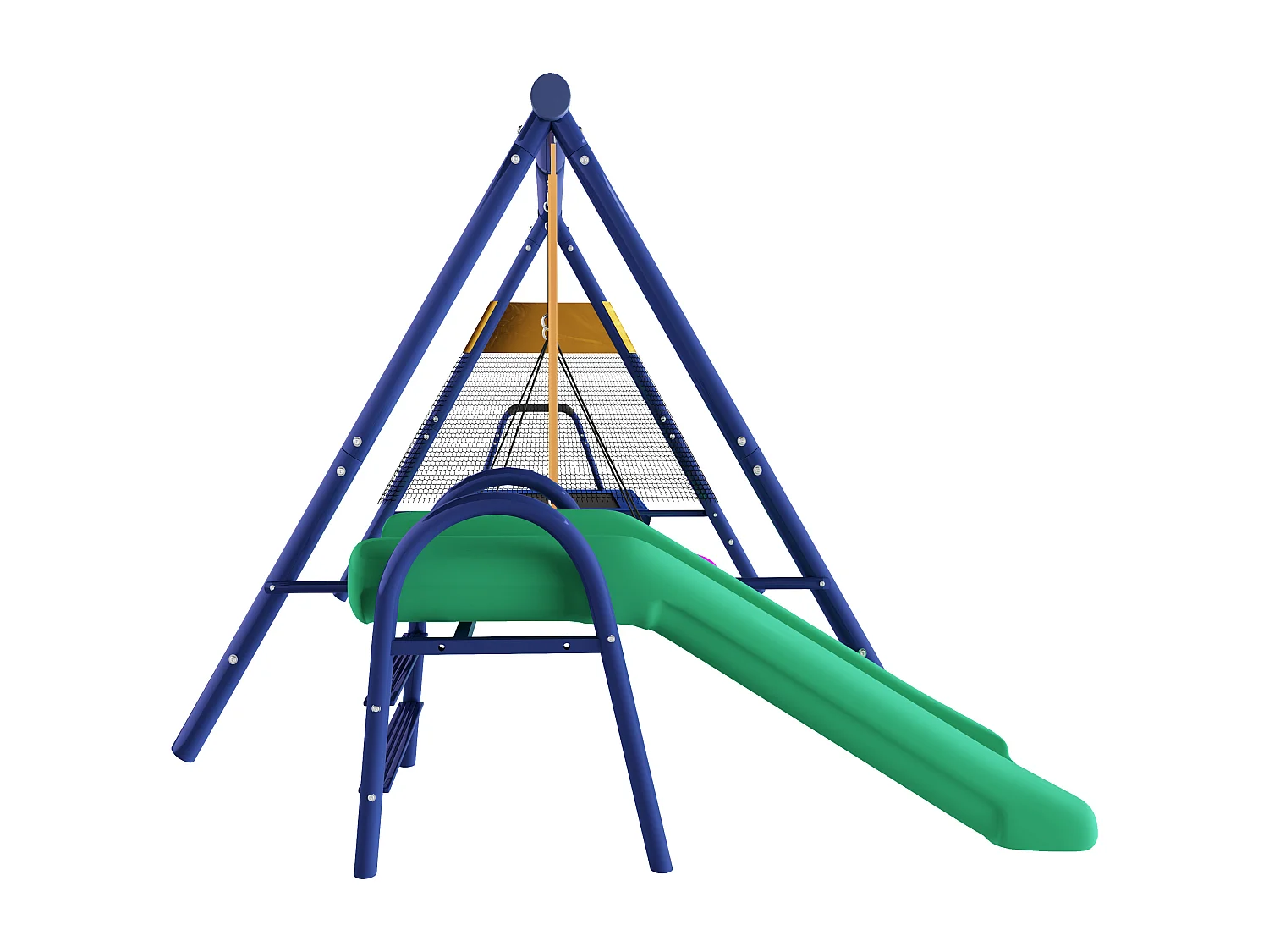Ensemble de balançoires d'extérieur - Toboggan + trampoline + 2 balançoires - Métal bleu