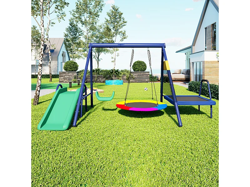 Ensemble de balançoires d'extérieur - Toboggan + trampoline + 2 balançoires - Métal bleu