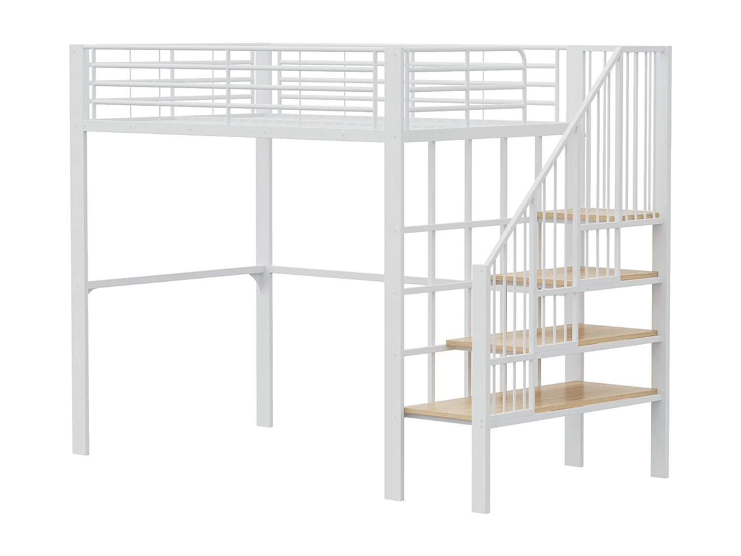 Lit mezzanine 140 x 200 cm en métal avec escalier de rangement - Blanc
