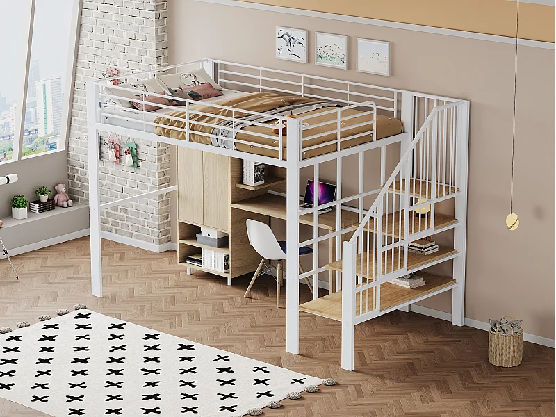 Lit mezzanine 140 x 200 cm en métal avec escalier de rangement - Blanc