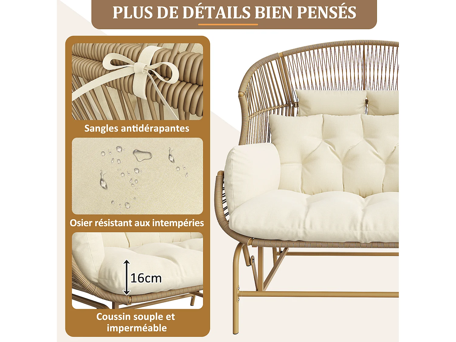 Balancelle de jardin double type œuf pour terrasse et balcon – Structure acier – Naturel clair