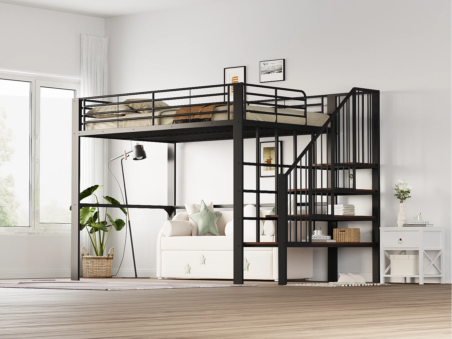 Lit mezzanine 140 x 200 cm en métal avec escalier de rangement - Noir