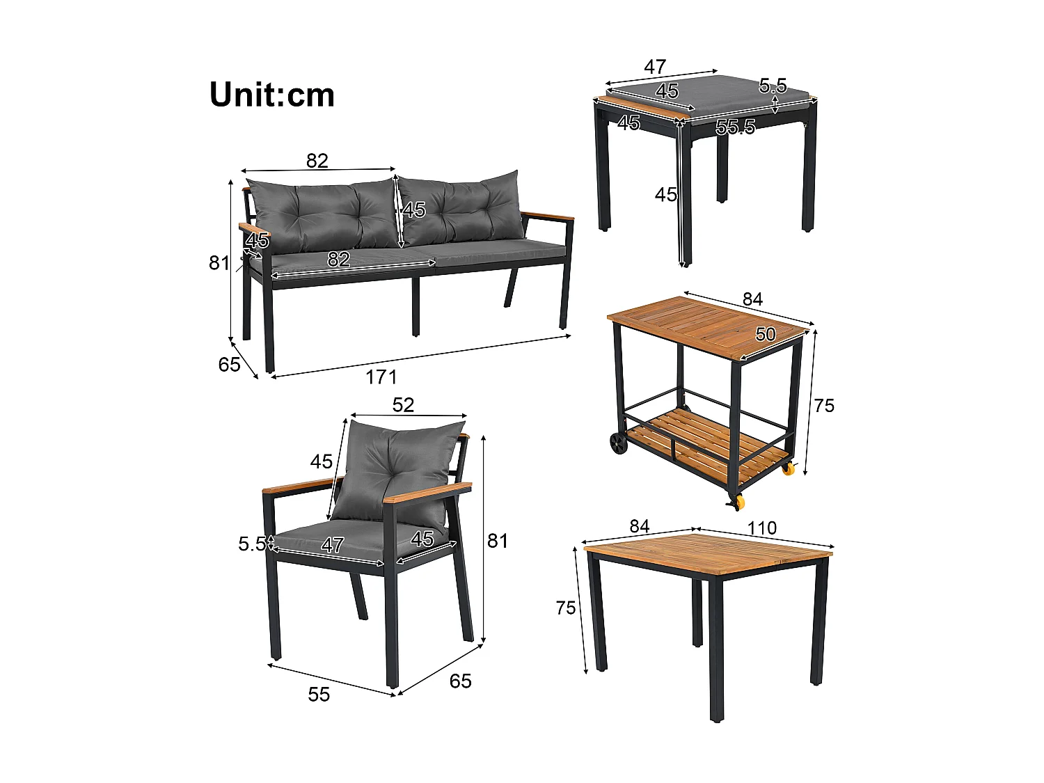 Ensemble table et chaises de jardin en bois et métal pour 6-7 places - Naturel clair et noir