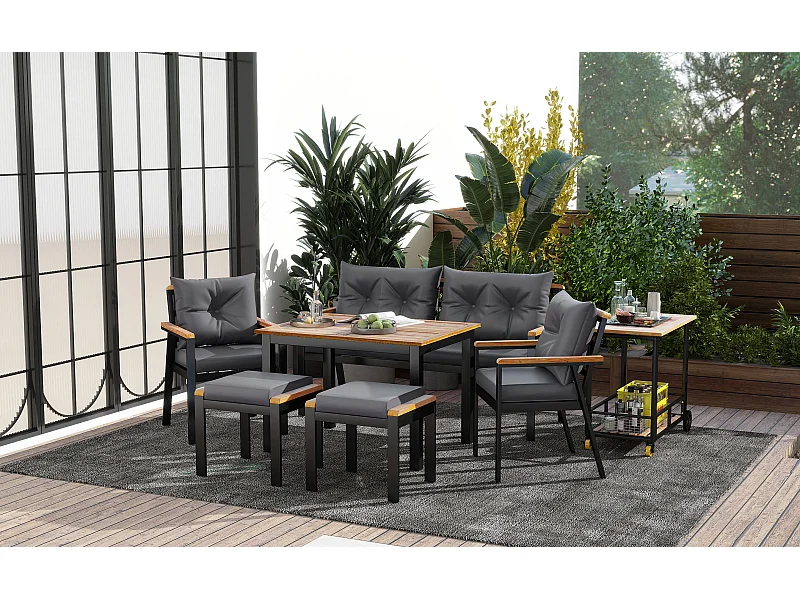 Ensemble table et chaises de jardin en bois et métal pour 6-7 places - Naturel clair et noir