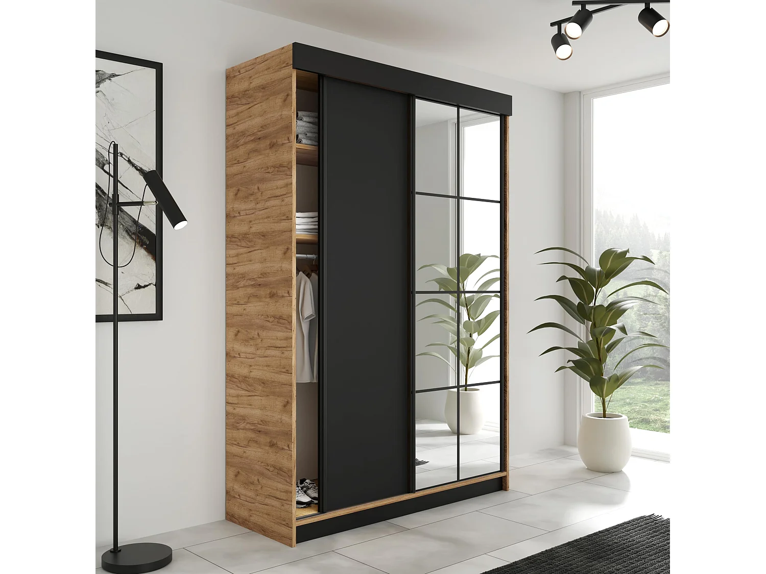 Armoire coulissante LAMARO 138 chêne Craft/noir