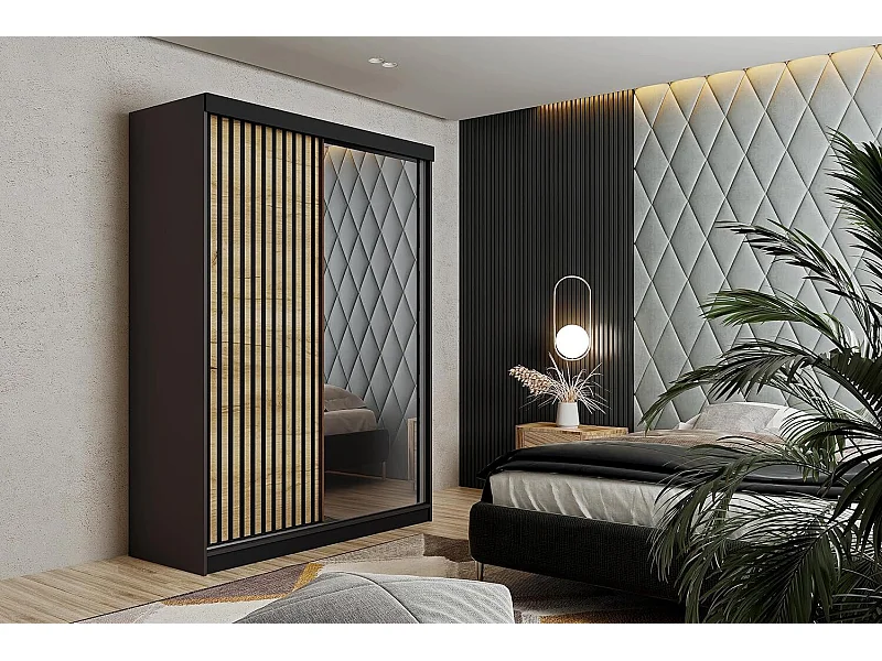 Armoire coulissante avec miroir et lames MALANI 138 – Graphite + Chêne Craft Doré