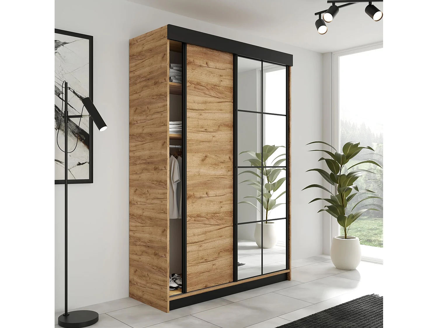 Armoire coulissante LAMARO 167 chêne Craft doré