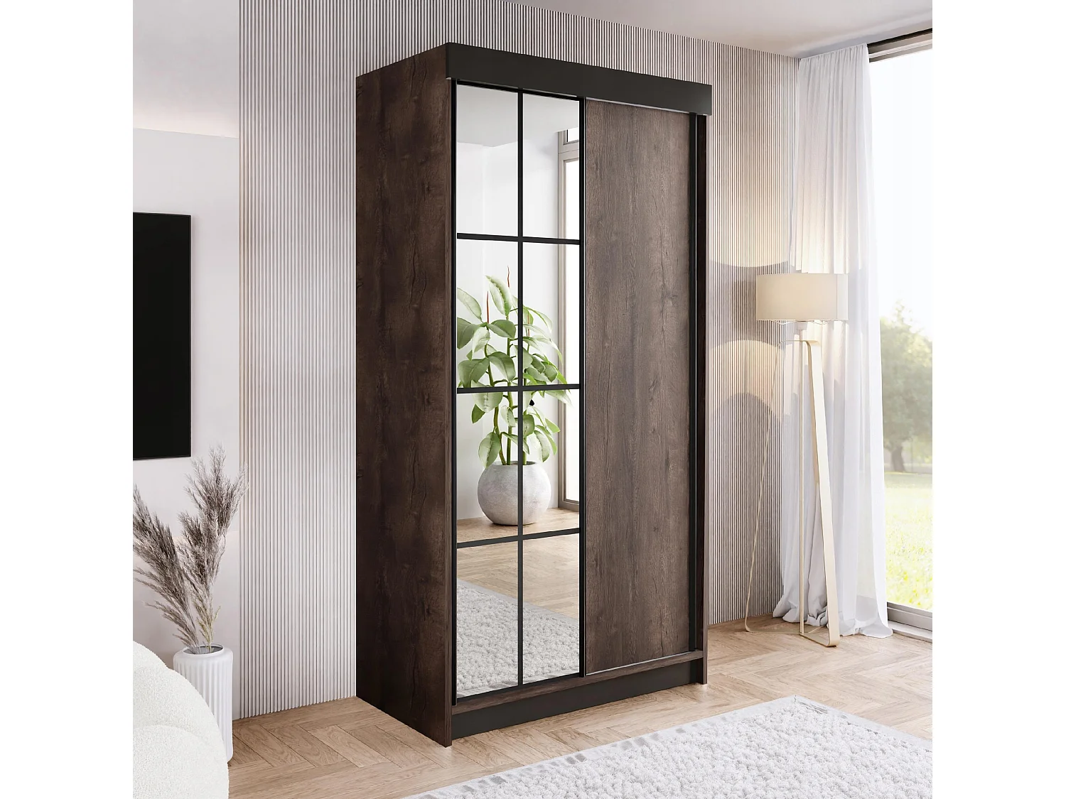 Armoire coulissante avec miroir BARI 1 frêne foncé 100