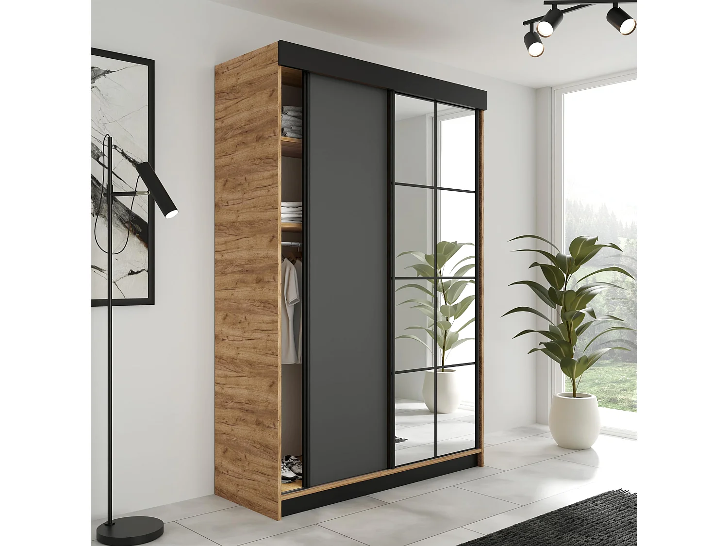 Armoire coulissante LAMARO 138 chêne Craft/graphite