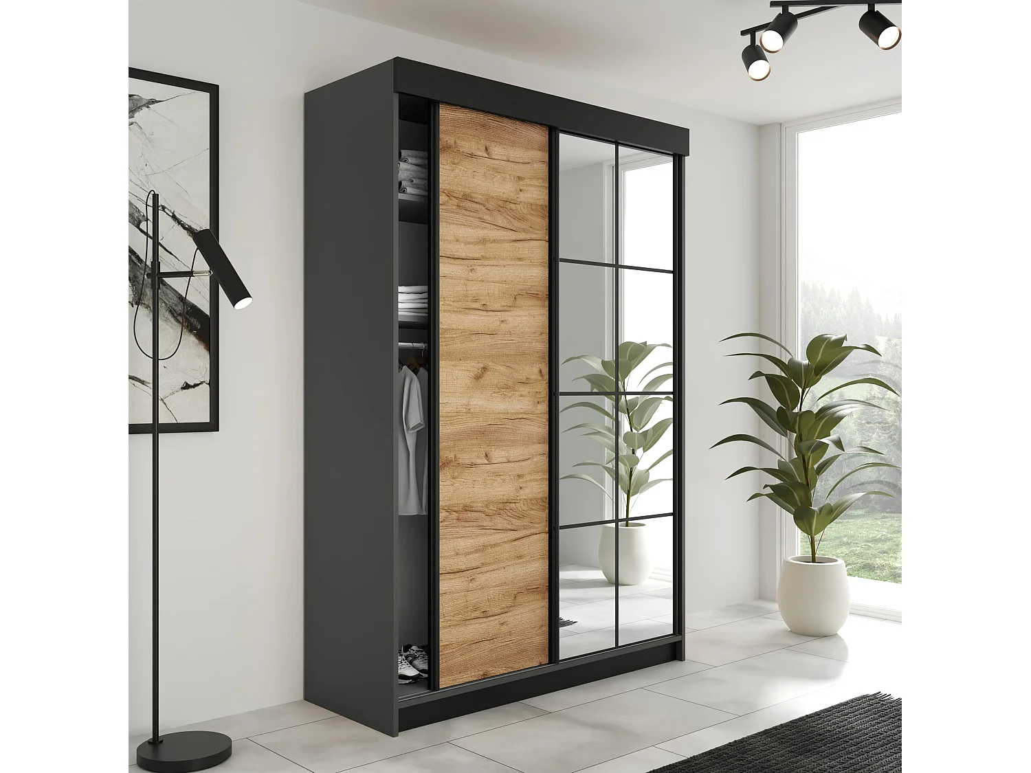 Armoire coulissante LAMARO 138 graphite/chêne Craft
