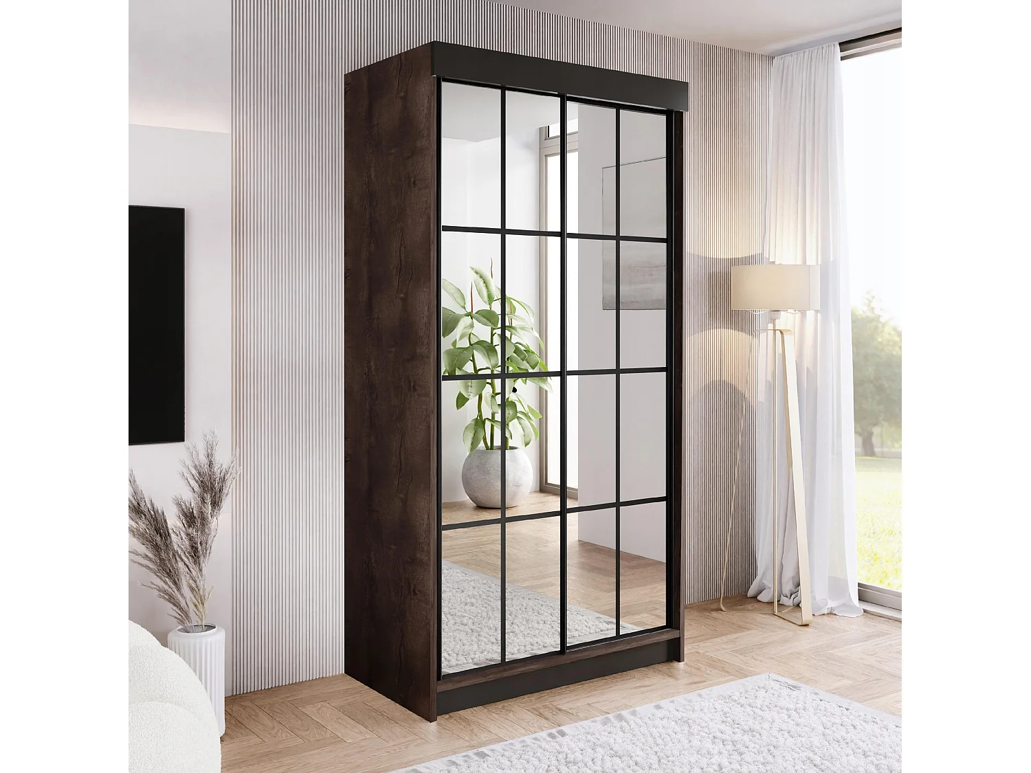 Armoire coulissante avec miroir BARI 2 frêne foncé 100